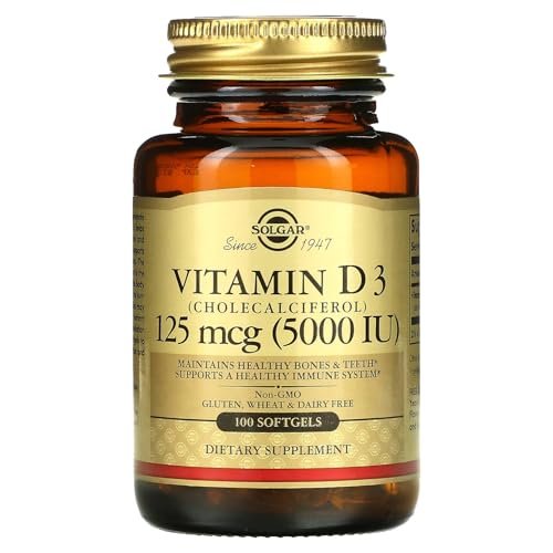 Solgar Vitamin D3 125 MCG (5000 IE) – 100 Softgels – Knochen- & Immununterstützung – Non GMO, Glutenfrei, Laktosefrei