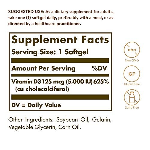 Solgar Vitamin D3 125 MCG (5000 IE) – 100 Softgels – Knochen- & Immununterstützung – Non GMO, Glutenfrei, Laktosefrei