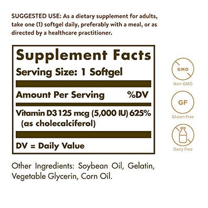 Solgar Vitamin D3 125 MCG (5000 IE) – 100 Softgels – Knochen- & Immununterstützung – Non GMO, Glutenfrei, Laktosefrei