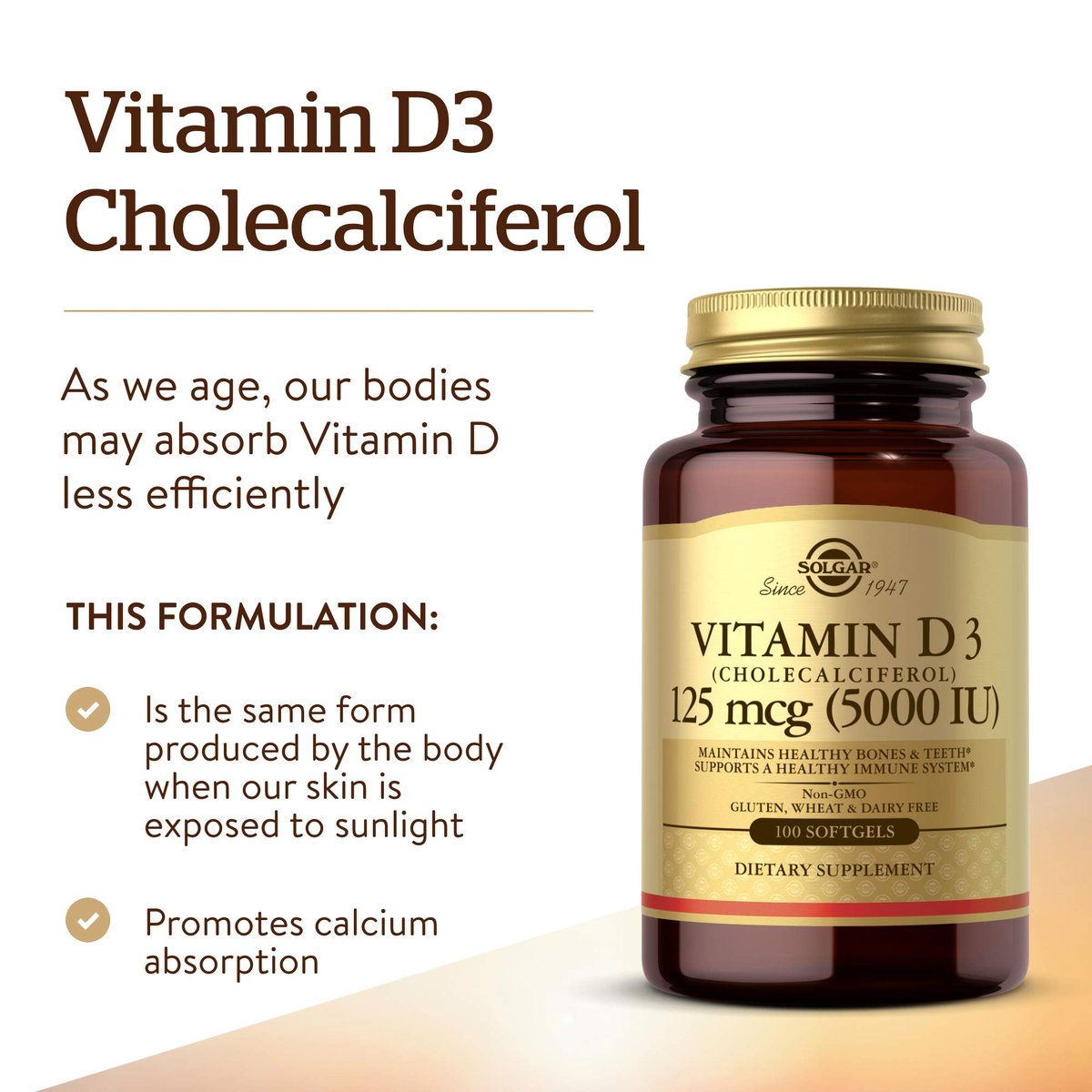 Solgar Vitamin D3 125 MCG (5000 IE) – 100 Softgels – Knochen- & Immununterstützung – Non GMO, Glutenfrei, Laktosefrei