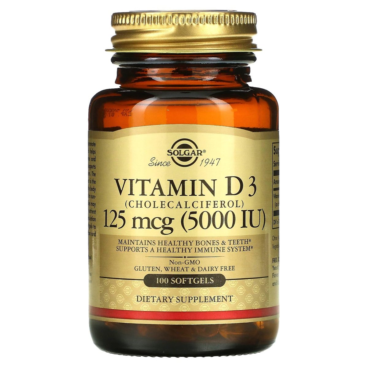 Solgar Vitamin D3 125 MCG (5000 IE) – 100 Softgels – Knochen- & Immununterstützung – Non GMO, Glutenfrei, Laktosefrei