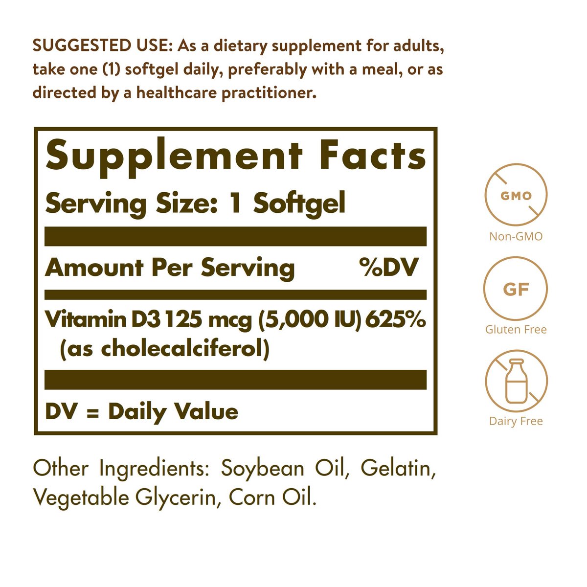 Solgar Vitamin D3 125 MCG (5000 IE) – 100 Softgels – Knochen- & Immununterstützung – Non GMO, Glutenfrei, Laktosefrei