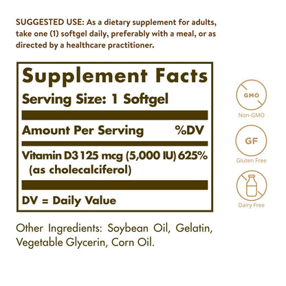 Solgar Vitamin D3 125 MCG (5000 IE) – 100 Softgels – Knochen- & Immununterstützung – Non GMO, Glutenfrei, Laktosefrei