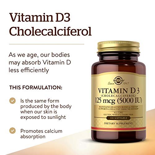 Solgar Vitamin D3 125 MCG (5000 IE) – 100 Softgels – Knochen- & Immununterstützung – Non GMO, Glutenfrei, Laktosefrei