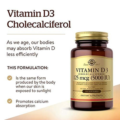 Solgar Vitamin D3 125 MCG (5000 IE) – 100 Softgels – Knochen- & Immununterstützung – Non GMO, Glutenfrei, Laktosefrei