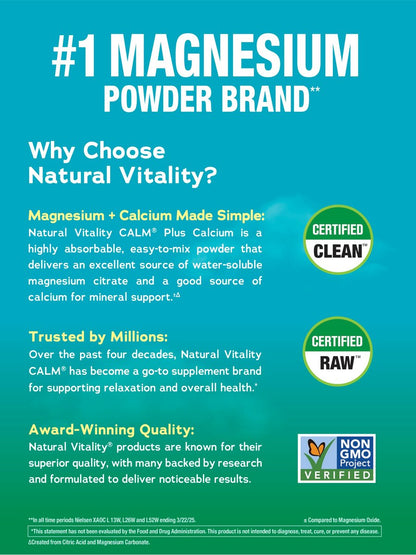Natural Vitality Calm, Magnesium- & Calcium-Getränkepulver, Unterstützt eine gesunde Stressreaktion, glutenfrei, vegan & nicht-GVO, Himbeer-Zitrone, 454 g