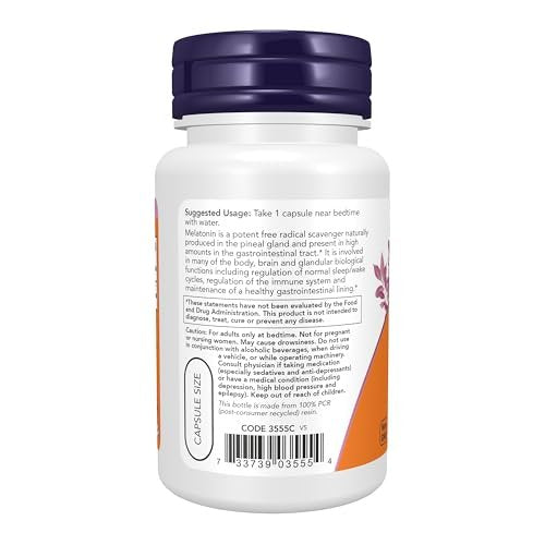 NOW Foods Melatonin 5 mg – 60 vegane Kapseln für gesunden Schlafzyklus und antioxidative Unterstützung
