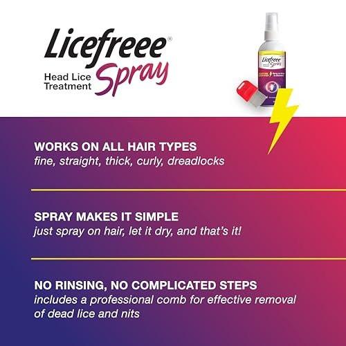 Licefreee Spray! Kopflausbehandlung für Erwachsene und Kinder – Inklusive professionellem Metall-Nit- und Lauskamm, 177 ml