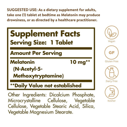 Solgar Melatonin 10 mg – Hochdosiertes Melatonin zur Förderung von Entspannung und Schlaf, klinisch geprüfter Inhaltsstoff, vegan, 60 Tabletten
