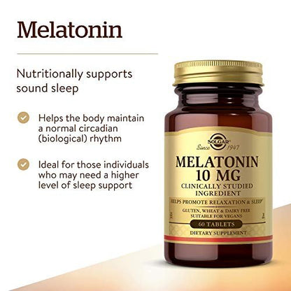 Solgar Melatonin 10 mg – Hochdosiertes Melatonin zur Förderung von Entspannung und Schlaf, klinisch geprüfter Inhaltsstoff, vegan, 60 Tabletten