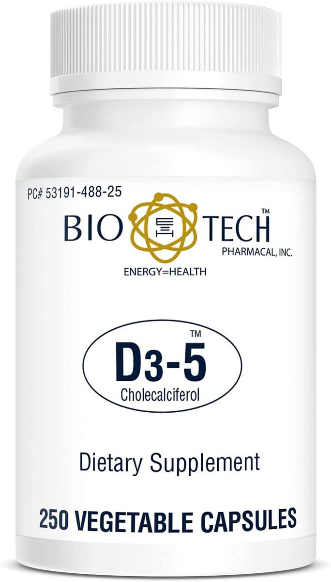 Bio-Tech Pharmacal D3-5 (5000 IE) – 250 vegane Kapseln – Nahrungsergänzungsmittel für Knochen- und Immunsystem – Ohne Milch, Fisch, Gluten, Erdnüsse, Schalentiere & Soja
