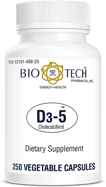 Bio-Tech Pharmacal D3-5 (5000 IE) – 250 vegane Kapseln – Nahrungsergänzungsmittel für Knochen- und Immunsystem – Ohne Milch, Fisch, Gluten, Erdnüsse, Schalentiere & Soja