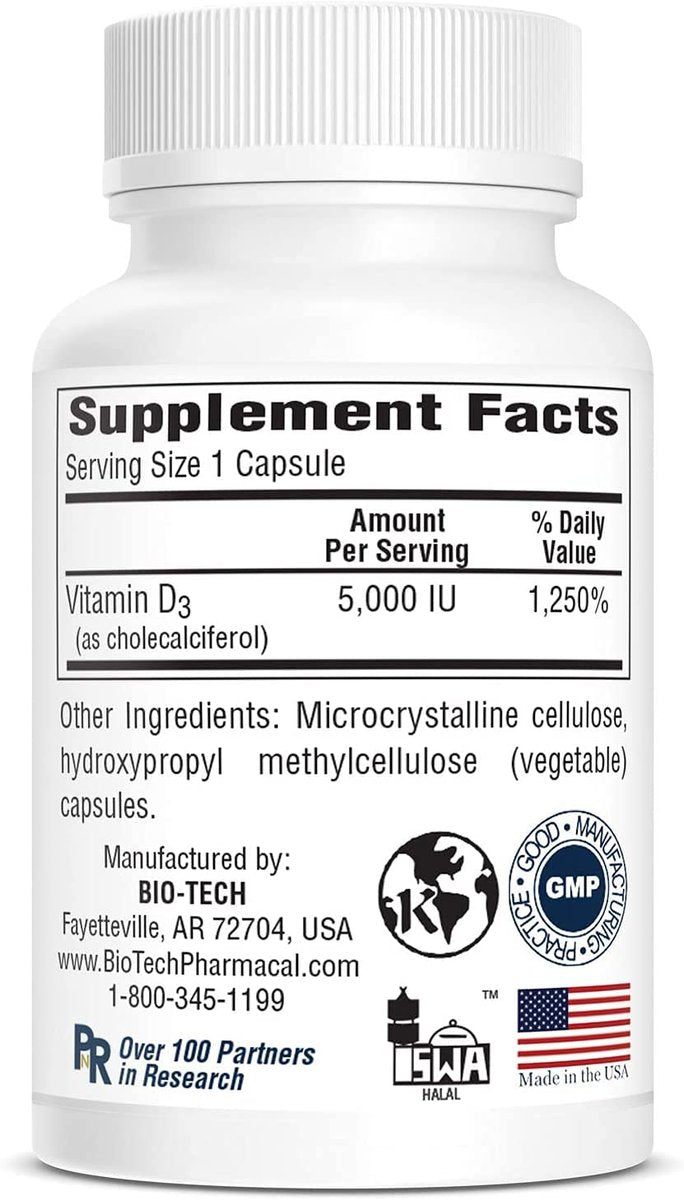 Bio-Tech Pharmacal D3-5 (5000 IE) – 250 vegane Kapseln – Nahrungsergänzungsmittel für Knochen- und Immunsystem – Ohne Milch, Fisch, Gluten, Erdnüsse, Schalentiere & Soja