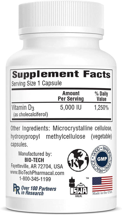 Bio-Tech Pharmacal D3-5 (5000 IE) – 250 vegane Kapseln – Nahrungsergänzungsmittel für Knochen- und Immunsystem – Ohne Milch, Fisch, Gluten, Erdnüsse, Schalentiere & Soja