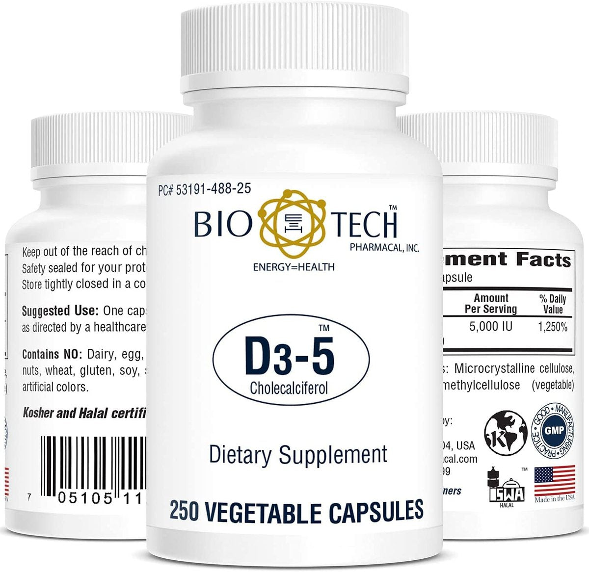 Bio-Tech Pharmacal D3-5 (5000 IE) – 250 vegane Kapseln – Nahrungsergänzungsmittel für Knochen- und Immunsystem – Ohne Milch, Fisch, Gluten, Erdnüsse, Schalentiere & Soja