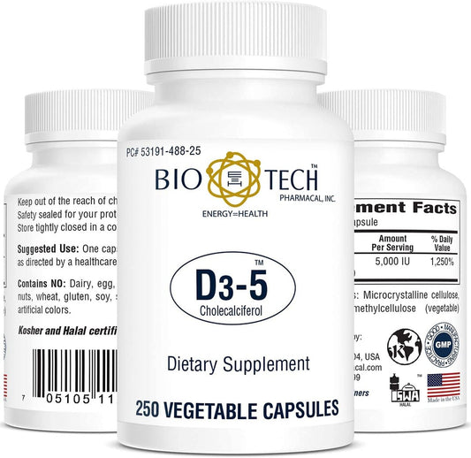 Bio-Tech Pharmacal D3-5 (5000 IE) – 250 vegane Kapseln – Nahrungsergänzungsmittel für Knochen- und Immunsystem – Ohne Milch, Fisch, Gluten, Erdnüsse, Schalentiere & Soja