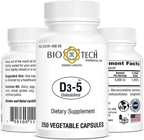 Bio-Tech Pharmacal D3-5 (5000 IE) – 250 vegane Kapseln – Nahrungsergänzungsmittel für Knochen- und Immunsystem – Ohne Milch, Fisch, Gluten, Erdnüsse, Schalentiere & Soja