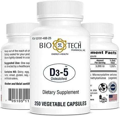 Bio-Tech Pharmacal D3-5 (5000 IE) – 250 vegane Kapseln – Nahrungsergänzungsmittel für Knochen- und Immunsystem – Ohne Milch, Fisch, Gluten, Erdnüsse, Schalentiere & Soja