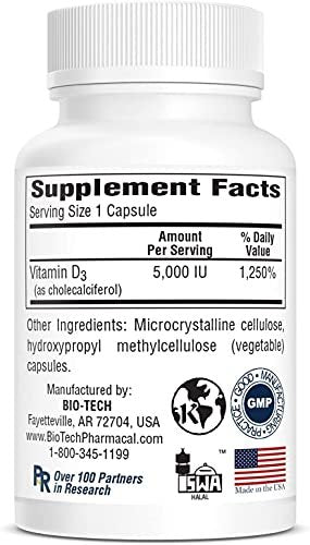 Bio-Tech Pharmacal D3-5 (5000 IE) – 250 vegane Kapseln – Nahrungsergänzungsmittel für Knochen- und Immunsystem – Ohne Milch, Fisch, Gluten, Erdnüsse, Schalentiere & Soja