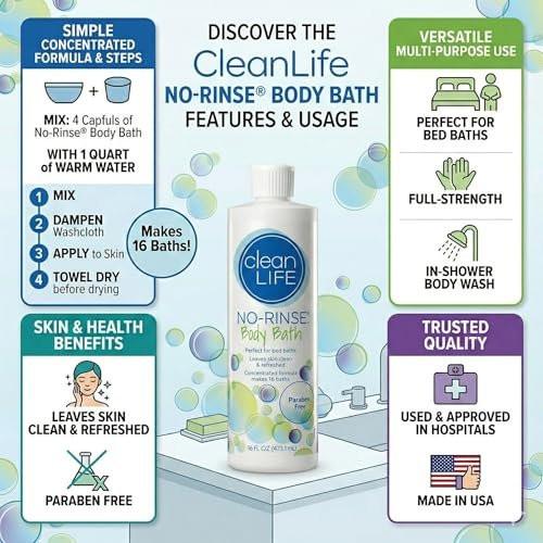 No-Rinse CleanLife Products Körperwaschung, 16 fl oz (3er-Pack, ergibt 48 Vollbäder) – Sanfte, konzentrierte Flüssigseife ohne Abspülen – Ideal für nach Operationen, Altenpflege, Camping und Reisen – Hergestellt in den USA