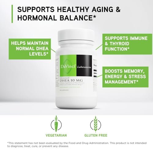 DAVINCI Labs Mikronisiertes DHEA 10 mg – Unterstützt gesundes Altern, Hormonhaushalt, Gehirngesundheit, Schilddrüsenfunktion & mehr – Vegetarisch, Glutenfrei – 90 Kapseln