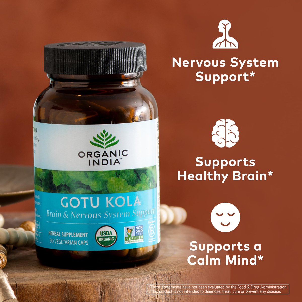 ORGANIC INDIA Gotu Kola Kräuterergänzung – Adaptogen für Gehirn & Nervensystem, vegan, glutenfrei, koscher, USDA Bio, Nicht-GVO, beruhigend, geistige Klarheit – 90 Kapseln