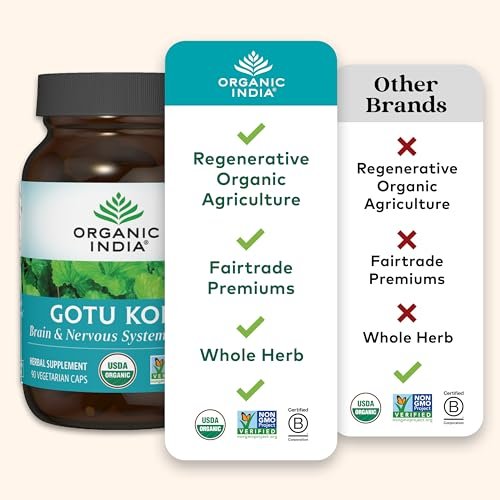 ORGANIC INDIA Gotu Kola Kräuterergänzung – Adaptogen für Gehirn & Nervensystem, vegan, glutenfrei, koscher, USDA Bio, Nicht-GVO, beruhigend, geistige Klarheit – 90 Kapseln