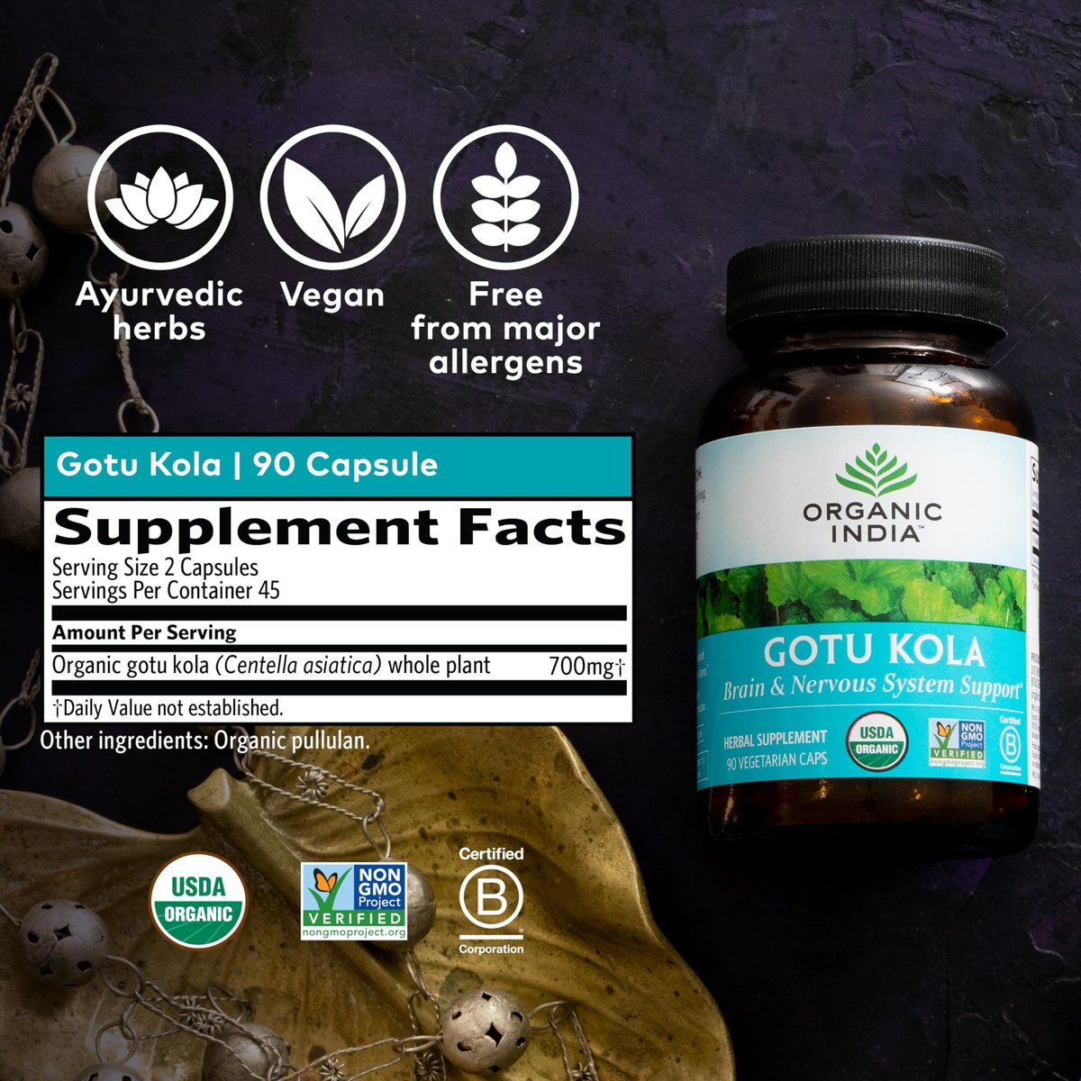 ORGANIC INDIA Gotu Kola Kräuterergänzung – Adaptogen für Gehirn & Nervensystem, vegan, glutenfrei, koscher, USDA Bio, Nicht-GVO, beruhigend, geistige Klarheit – 90 Kapseln