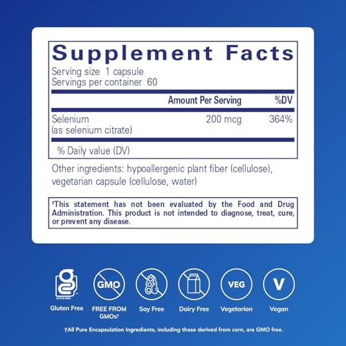 Pure Encapsulations Selen (Citrat) – 60 Kapseln – Immunsystem & Zelluläre Gesundheit – Antioxidans – Unterstützt die Durchblutung – Glutenfrei & Vegan