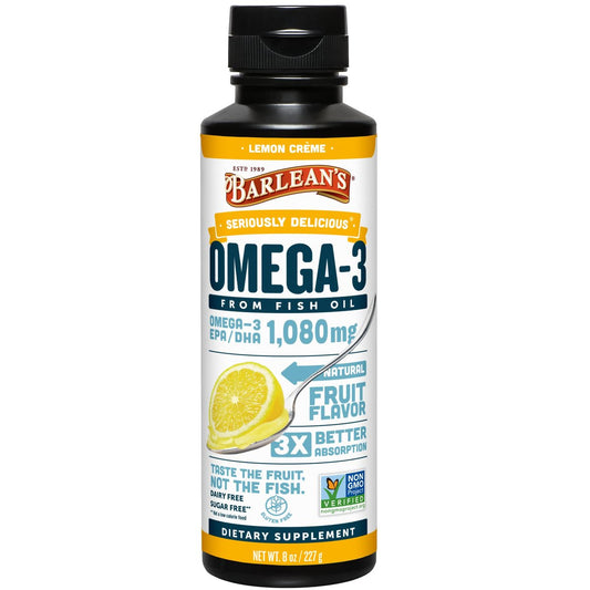Barlean's Omega 3 Fischöl Liquid Nahrungsergänzung für Männer und Frauen, 1080mg EPA und DHA Fettsäuren, Fördert Gehirn- & Herzgesundheit - Non-GMO, Zitronencreme, 237 ml