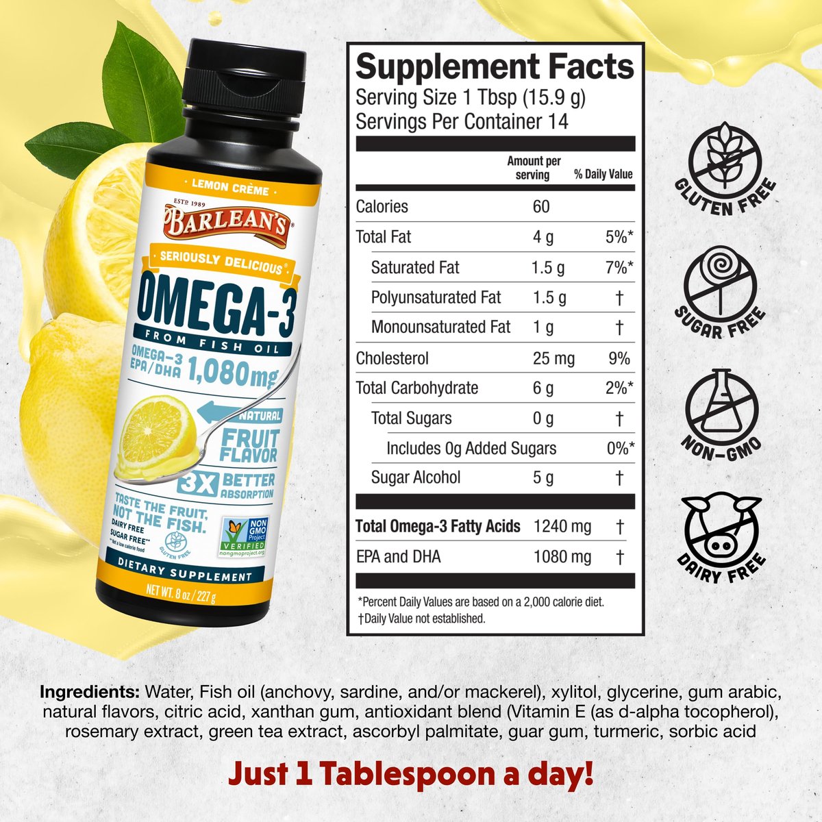 Barlean's Omega 3 Fischöl Liquid Nahrungsergänzung für Männer und Frauen, 1080mg EPA und DHA Fettsäuren, Fördert Gehirn- & Herzgesundheit - Non-GMO, Zitronencreme, 237 ml