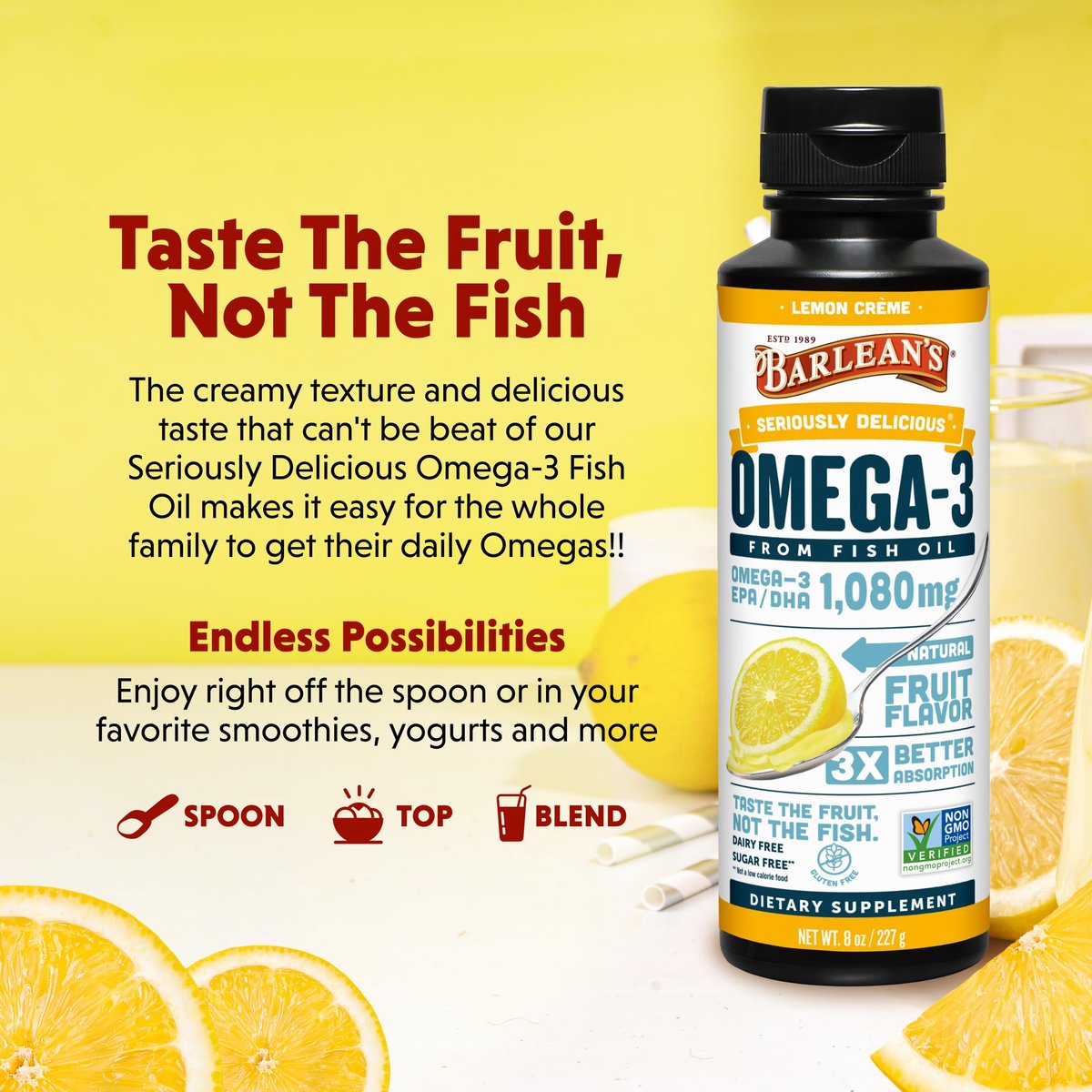 Barlean's Omega 3 Fischöl Liquid Nahrungsergänzung für Männer und Frauen, 1080mg EPA und DHA Fettsäuren, Fördert Gehirn- & Herzgesundheit - Non-GMO, Zitronencreme, 237 ml