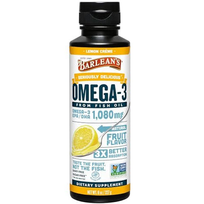 Barlean's Omega 3 Fischöl Liquid Nahrungsergänzung für Männer und Frauen, 1080mg EPA und DHA Fettsäuren, Fördert Gehirn- & Herzgesundheit - Non-GMO, Zitronencreme, 237 ml