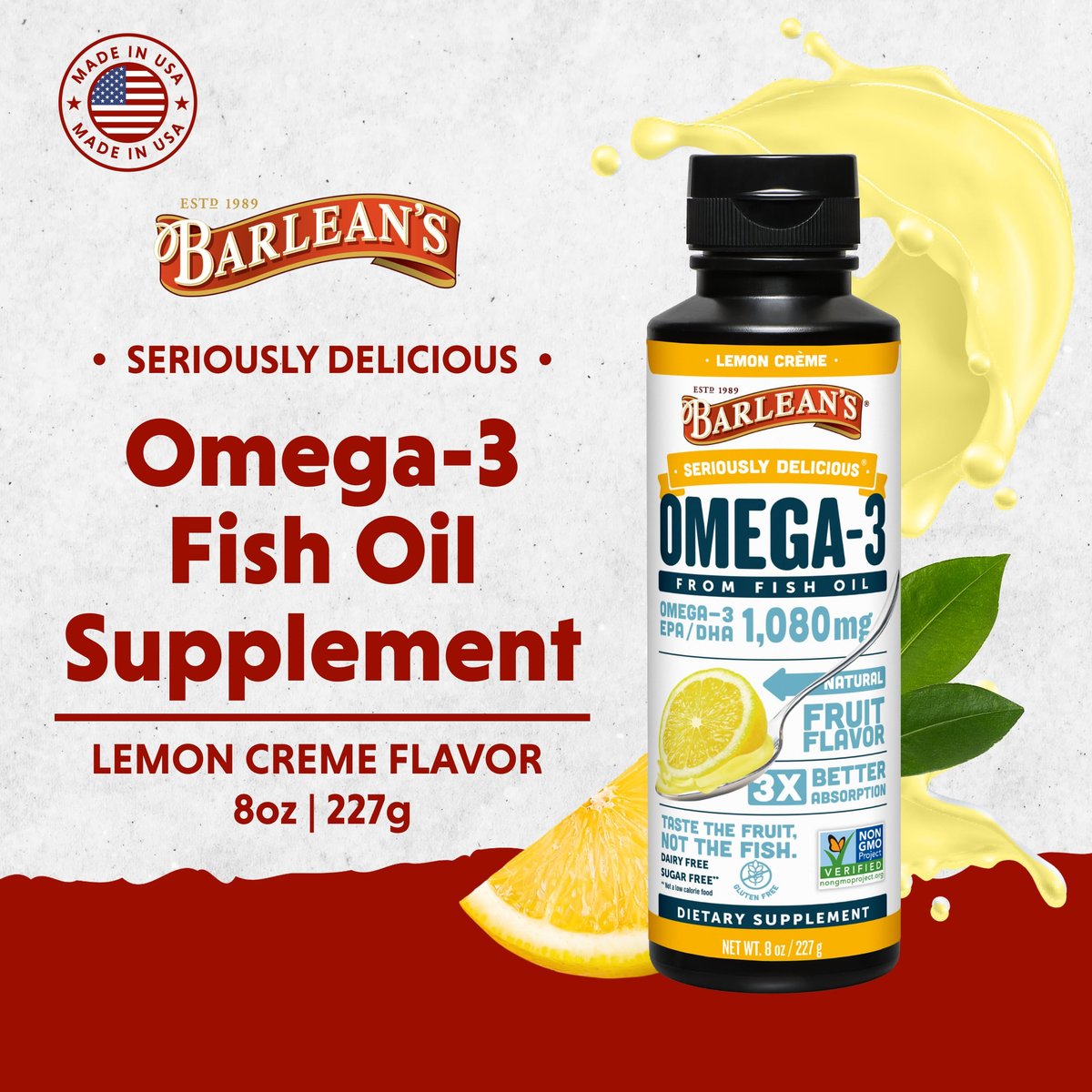 Barlean's Omega 3 Fischöl Liquid Nahrungsergänzung für Männer und Frauen, 1080mg EPA und DHA Fettsäuren, Fördert Gehirn- & Herzgesundheit - Non-GMO, Zitronencreme, 237 ml