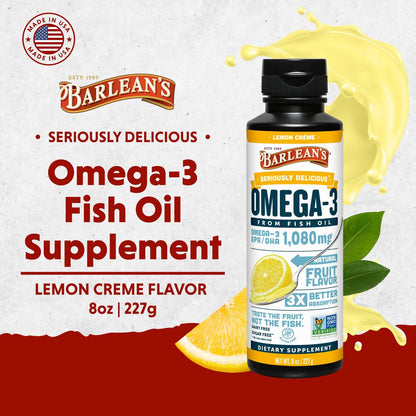 Barlean's Omega 3 Fischöl Liquid Nahrungsergänzung für Männer und Frauen, 1080mg EPA und DHA Fettsäuren, Fördert Gehirn- & Herzgesundheit - Non-GMO, Zitronencreme, 237 ml
