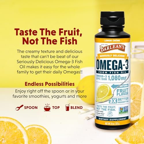 Barlean's Omega 3 Fischöl Liquid Nahrungsergänzung für Männer und Frauen, 1080mg EPA und DHA Fettsäuren, Fördert Gehirn- & Herzgesundheit - Non-GMO, Zitronencreme, 237 ml