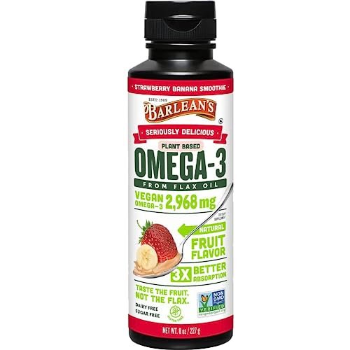 Barlean's Erdbeer-Bananen Leinöl Liquid – Vegane Omega 3-6-9 Nahrungsergänzung für Kinder & Erwachsene aus kaltgepresstem Leinsamenöl mit 2.968 mg veganen Omegas, Nicht-GVO & Glutenfrei, 240 ml
