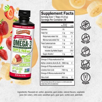 Barlean's Erdbeer-Bananen Leinöl Liquid – Vegane Omega 3-6-9 Nahrungsergänzung für Kinder & Erwachsene aus kaltgepresstem Leinsamenöl mit 2.968 mg veganen Omegas, Nicht-GVO & Glutenfrei, 240 ml