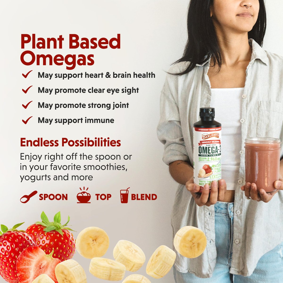 Barlean's Erdbeer-Bananen Leinöl Liquid – Vegane Omega 3-6-9 Nahrungsergänzung für Kinder & Erwachsene aus kaltgepresstem Leinsamenöl mit 2.968 mg veganen Omegas, Nicht-GVO & Glutenfrei, 240 ml