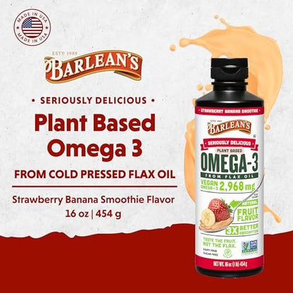 Barlean's Erdbeer-Bananen Leinöl Liquid – Vegane Omega 3-6-9 Nahrungsergänzung für Kinder & Erwachsene aus kaltgepresstem Leinsamenöl mit 2.968 mg veganen Omegas, Nicht-GVO & Glutenfrei, 240 ml