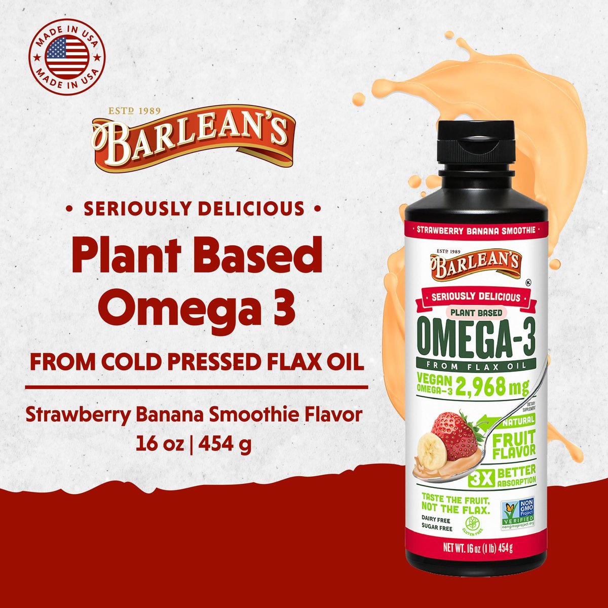 Barlean's Erdbeer-Bananen Leinöl Liquid – Vegane Omega 3-6-9 Nahrungsergänzung für Kinder & Erwachsene aus kaltgepresstem Leinsamenöl mit 2.968 mg veganen Omegas, Nicht-GVO & Glutenfrei, 240 ml