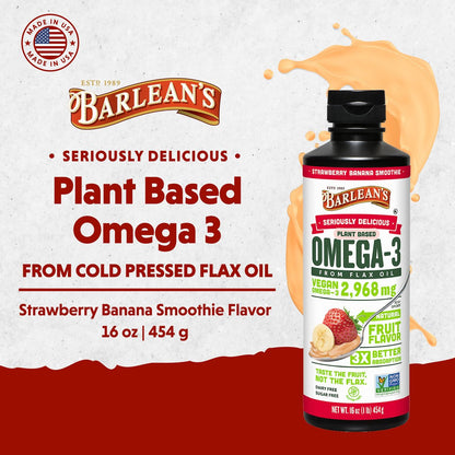 Barlean's Erdbeer-Bananen Leinöl Liquid – Vegane Omega 3-6-9 Nahrungsergänzung für Kinder & Erwachsene aus kaltgepresstem Leinsamenöl mit 2.968 mg veganen Omegas, Nicht-GVO & Glutenfrei, 240 ml