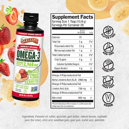 Barlean's Erdbeer-Bananen Leinöl Liquid – Vegane Omega 3-6-9 Nahrungsergänzung für Kinder & Erwachsene aus kaltgepresstem Leinsamenöl mit 2.968 mg veganen Omegas, Nicht-GVO & Glutenfrei, 240 ml