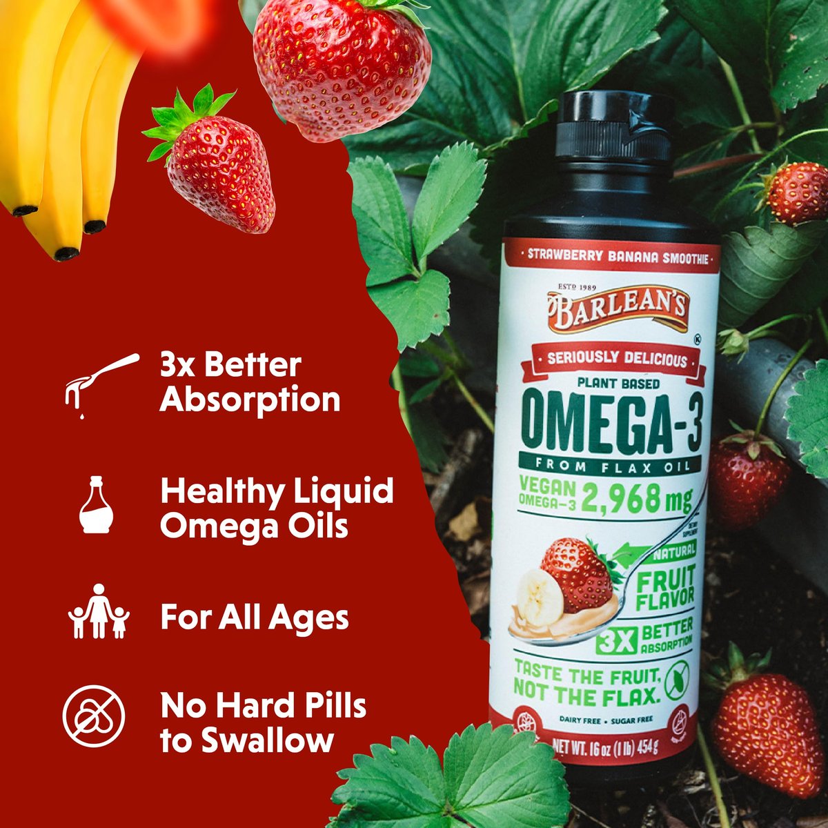 Barlean's Erdbeer-Bananen Leinöl Liquid – Vegane Omega 3-6-9 Nahrungsergänzung für Kinder & Erwachsene aus kaltgepresstem Leinsamenöl mit 2.968 mg veganen Omegas, Nicht-GVO & Glutenfrei, 240 ml