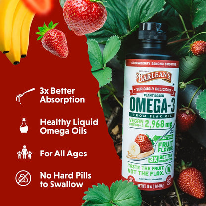 Barlean's Erdbeer-Bananen Leinöl Liquid – Vegane Omega 3-6-9 Nahrungsergänzung für Kinder & Erwachsene aus kaltgepresstem Leinsamenöl mit 2.968 mg veganen Omegas, Nicht-GVO & Glutenfrei, 240 ml