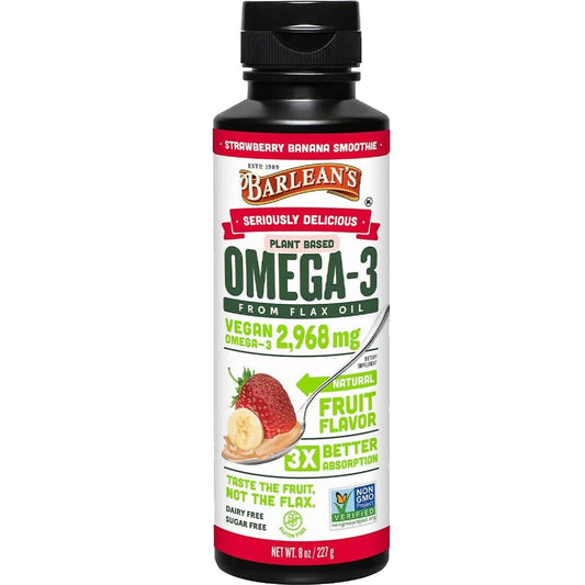 Barlean's Erdbeer-Bananen Leinöl Liquid – Vegane Omega 3-6-9 Nahrungsergänzung für Kinder & Erwachsene aus kaltgepresstem Leinsamenöl mit 2.968 mg veganen Omegas, Nicht-GVO & Glutenfrei, 240 ml