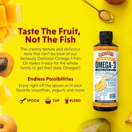 Barlean's Omega 3 Fischöl mit Vitamin D – 1080 mg EPA & DHA, Mango-Pfirsich, 237 ml – für Herz & Gehirn