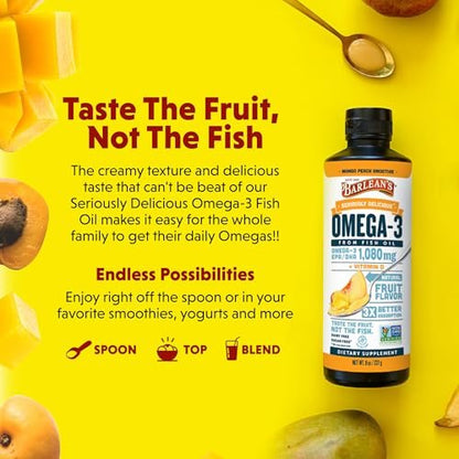 Barlean's Omega 3 Fischöl mit Vitamin D – 1080 mg EPA & DHA, Mango-Pfirsich, 237 ml – für Herz & Gehirn