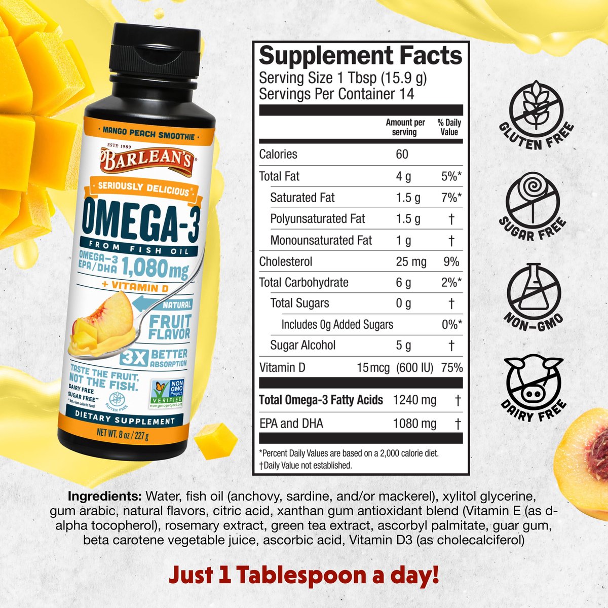 Barlean's Omega 3 Fischöl mit Vitamin D – 1080 mg EPA & DHA, Mango-Pfirsich, 237 ml – für Herz & Gehirn