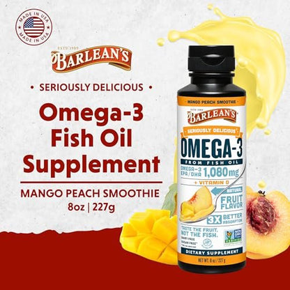 Barlean's Omega 3 Fischöl mit Vitamin D – 1080 mg EPA & DHA, Mango-Pfirsich, 237 ml – für Herz & Gehirn